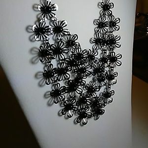 Silver Necklace with Black Flowers